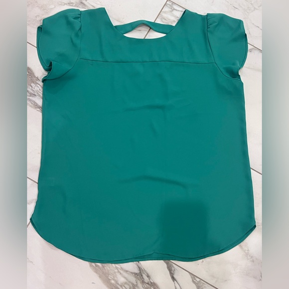 LOFT M Emerald green drapey lightweight blouse top back Vneck strap Spring - Picture 4 of 15